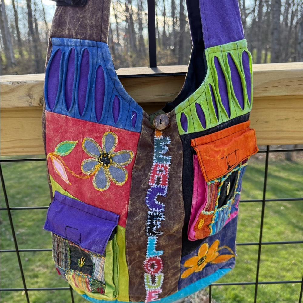 Colorblock Bohemian Patchwork Crossbody Shoulder Bag - Purple & Green - Picture 2 of 3